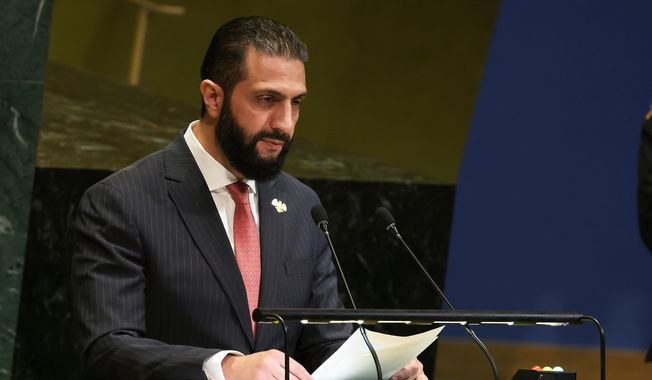 Syria President Ahmad Al-Sharaa speaks during the 80th session of the United Nations General Assembly, Wednesday, Sept. 24, 2025, at U.N. headquarters. (AP Photo/Heather Khalifa)