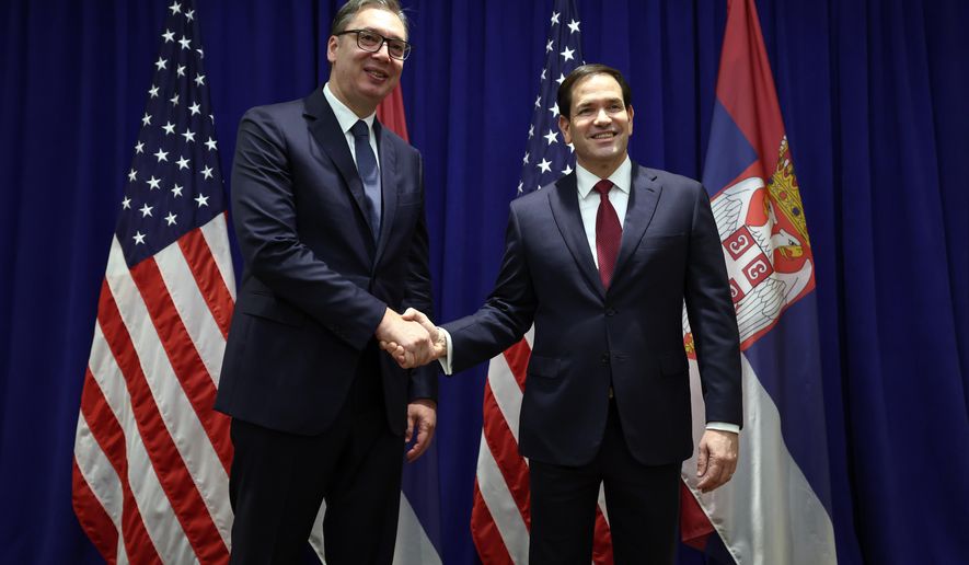 U.S. Secretary of State Marco Rubio, right, meets with Serbian President Aleksandar Vucic on the sidelines of the United Nations General Assembly at the U.N. headquarters, Tuesday, Sept. 23, 2025. (Charly Triballeau/Pool Photo via AP)