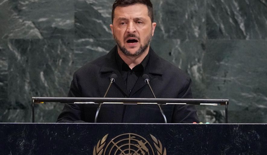 Ukraine President Volodymyr Zelenskyy addresses the 80th session of the United Nations General Assembly, Wednesday, Sept. 24, 2025. (AP Photo/Richard Drew)