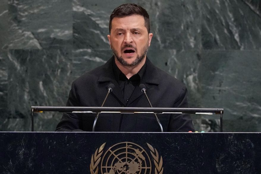 Ukraine President Volodymyr Zelenskyy addresses the 80th session of the United Nations General Assembly, Wednesday, Sept. 24, 2025. (AP Photo/Richard Drew)