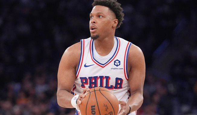 FILE- Philadelphia 76ers' Kyle Lowry looks to shoot during the second half of an NBA basketball game against the New York Knicks, Tuesday, April 1, 2025, in New York. (AP Photo/Frank Franklin II, File)