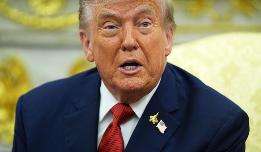 President Donald Trump speaks during a meeting with Turkish President Recep Tayyip Erdogan in the Oval Office of the White House, Thursday, Sept. 25, 2025, in Washington. (AP Photo/Evan Vucci)