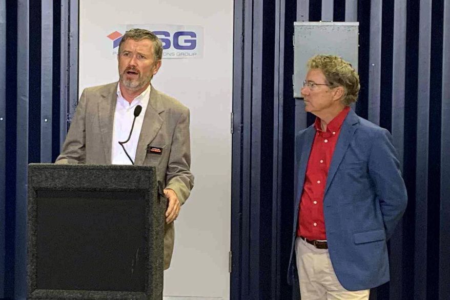 Rep. Thomas Massie, R-Ky., speaks at a regional forum as Sen. Rand Paul, R-Ky., watches on Wednesday, Sept. 24, 2025 in Wurtland, Ky. (Aaron Snyder/The Daily Independent via AP)