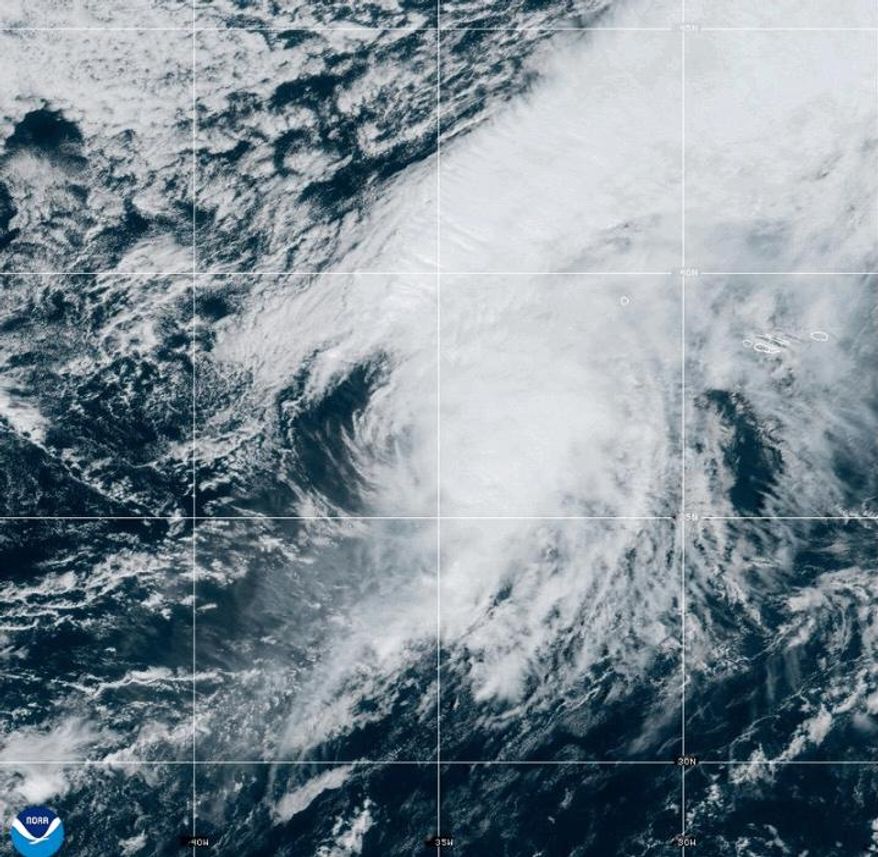This NOAA satellite image taken at 11:33 a.m. EST on Thursday, Sept. 25, 2025, shows Hurricane Gabrielle in the North Atlantic Ocean. (NOAA via AP)