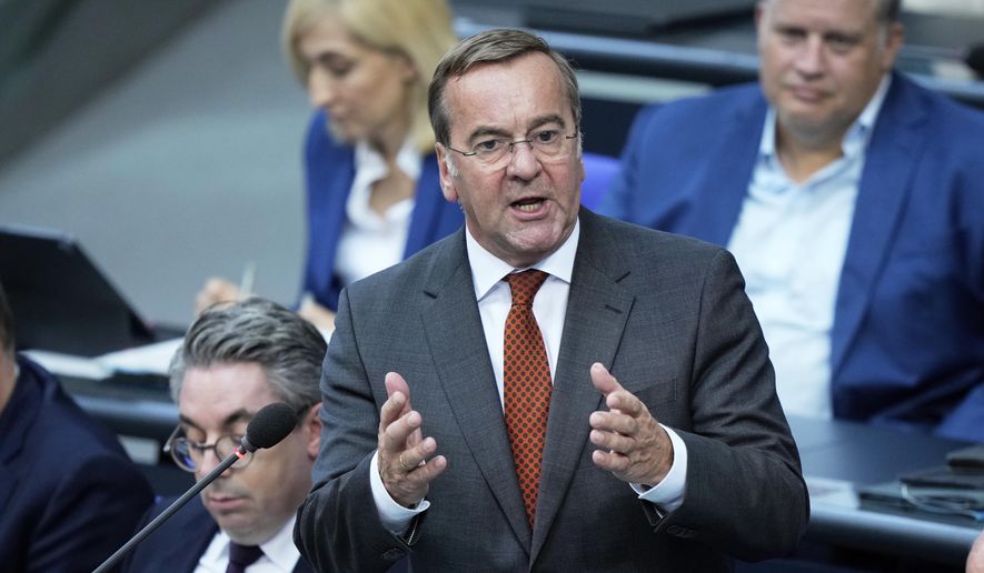 German Defence Minister Boris Pistorius answers questions of lawmakers during a meeting of the German federal parliament, Bundestag, at the Reichstag building in Berlin, Germany, Wednesday, Sept. 10, 2025. (AP Photo/Ebrahim Noroozi)