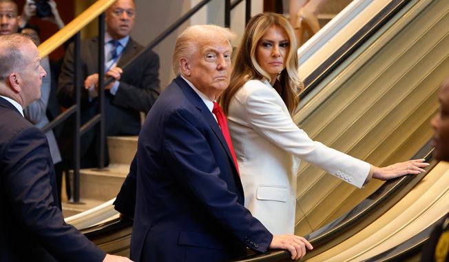 President Donald Trump and first lady Melania Trump arrive for the 80th session of the United Nations General Assembly, Tuesday, Sept. 23, 2025, at U.N. headquarters. (AP Photo/Stefan Jeremiah)