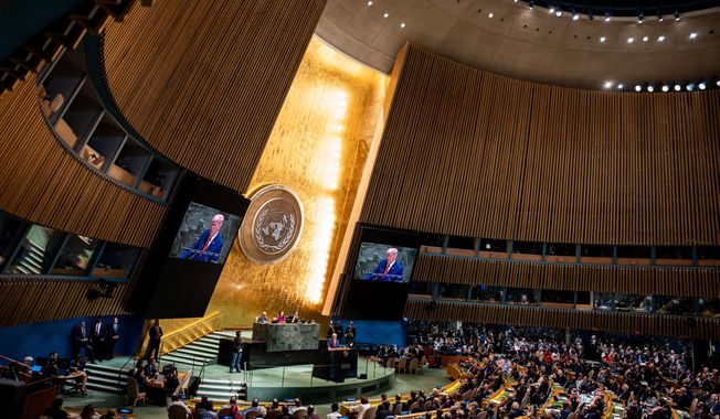 President Donald Trump addresses the 80th session of the United Nations General Assembly, Tuesday, Sept. 23, 2025, at U.N. headquarters. (AP Photo/Angelina Katsanis)