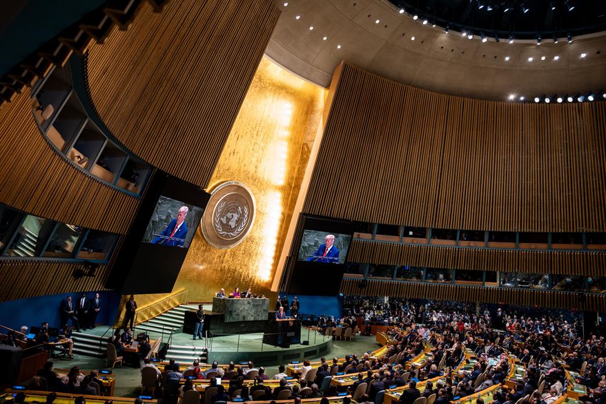 President Donald Trump addresses the 80th session of the United Nations General Assembly, Tuesday, Sept. 23, 2025, at U.N. headquarters. (AP Photo/Angelina Katsanis)