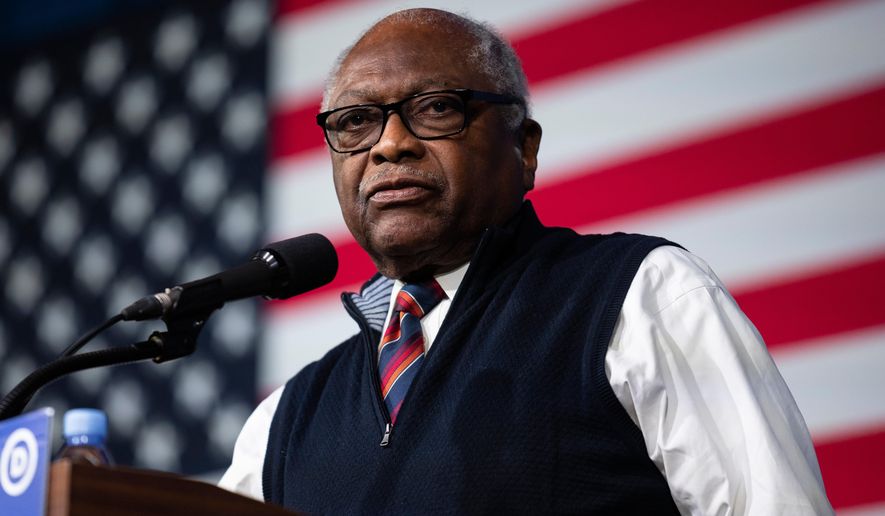 FILE - Rep. Jim Clyburn, D-S.C., speaks during the Democratic National Committee Winter Meeting, Feb. 4, 2023, in Philadelphia. (AP Photo/Matt Rourke, File)