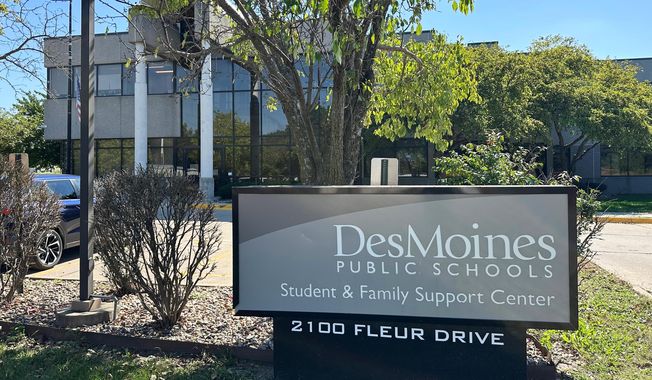 Des Moines, Iowa, school's administrative offices are shown Friday, Sept. 26, 2025. (AP Photo/Scott McFetridge)