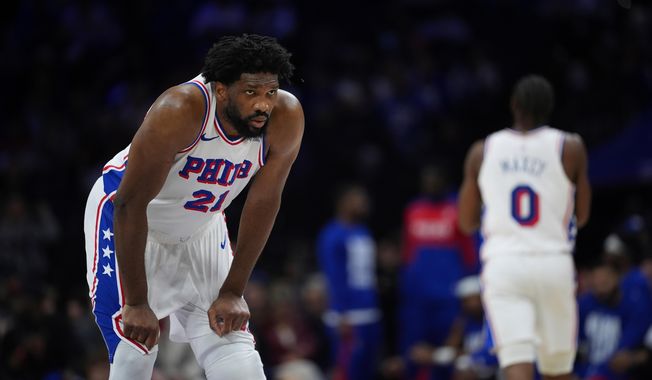 FILE - Philadelphia 76ers' Joel Embiid plays during an NBA basketball game, Saturday, Feb. 22, 2025, in Philadelphia. (AP Photo/Matt Slocum, File)