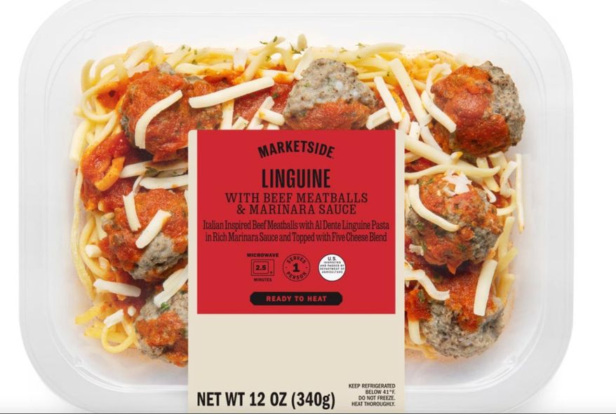 This image provided by U.S. Agriculture Department shows Marketside Linguine with Beef Meatballs & Marinara Sauce. (U.S. Agriculture Department via AP)