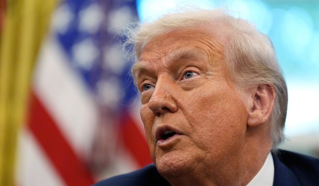 President Donald Trump speaks to reporters after signing an executive order regarding TikTok in the Oval Office at the White House, Thursday, Sept. 25, 2025, in Washington. (AP Photo/Alex Brandon)