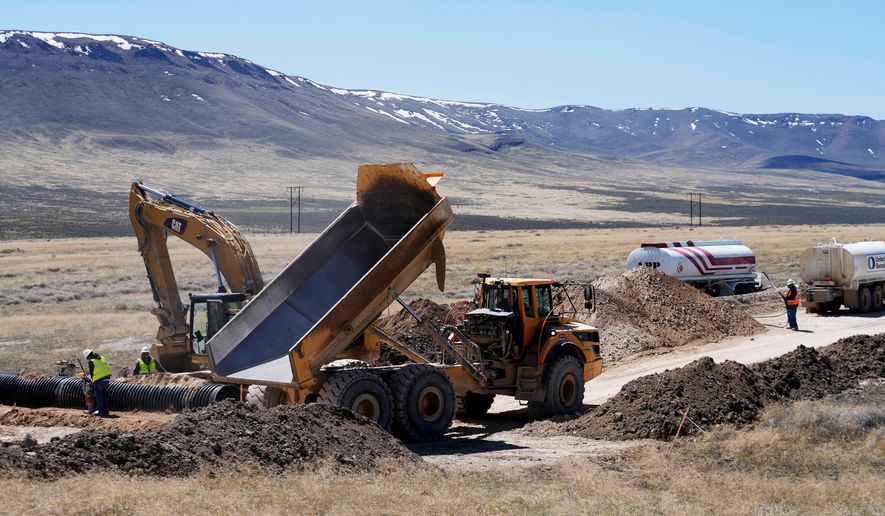 FILE - Construction continues at the Lithium Nevada Corp. mine site Thacker Pass project, April 24, 2023, near Orovada, Nev. (AP Photo/Rick Bowmer, File)
