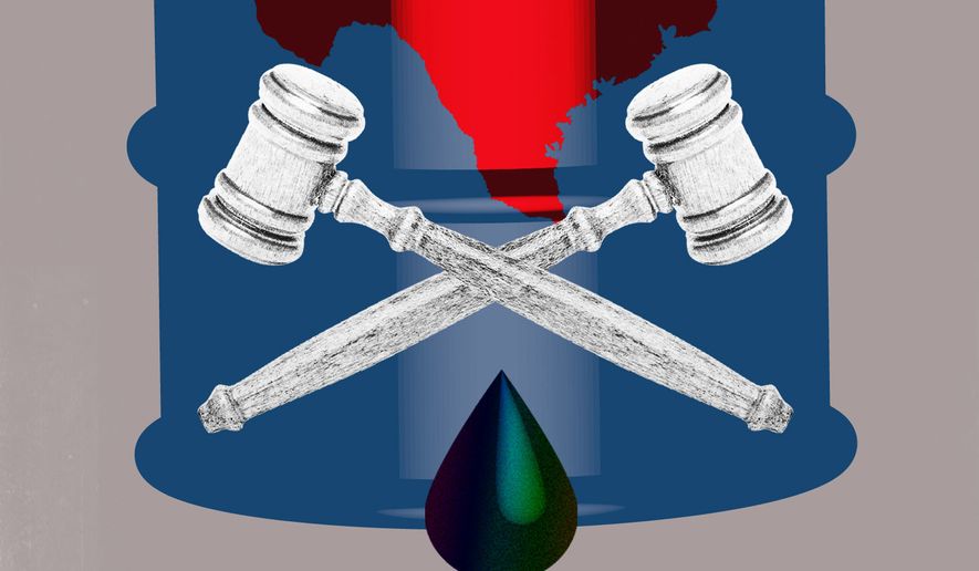 Texas oil and gas pipeline fight and the courts illustration by Linas Garsys / The Washington Times