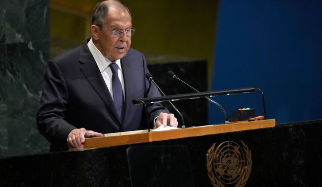 Russia's Minister for Foreign Affairs Sergey Lavrov addresses the 80th session of the United Nations General Assembly, Saturday, Sept. 27, 2025, at U.N. headquarters. (AP Photo/Pamela Smith)