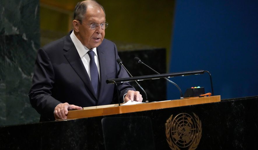 Russia's Minister for Foreign Affairs Sergey Lavrov addresses the 80th session of the United Nations General Assembly, Saturday, Sept. 27, 2025, at U.N. headquarters. (AP Photo/Pamela Smith)
