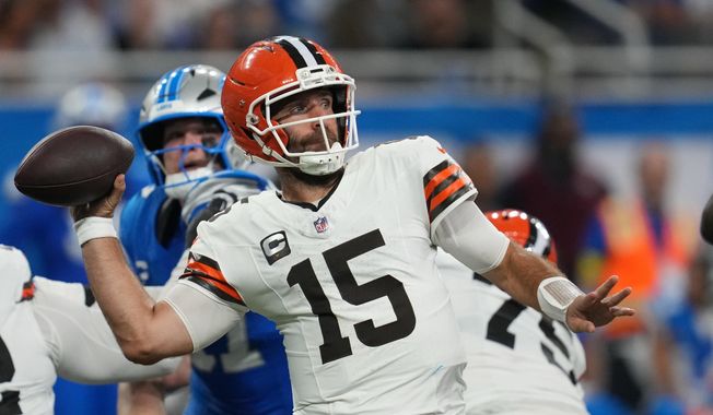 Cleveland Browns quarterback Joe Flacco (15) throws during the second half of an NFL football game against the Detroit Lions, Sunday, Sept. 28, 2025, in Detroit. (AP Photo/Paul Sancya)