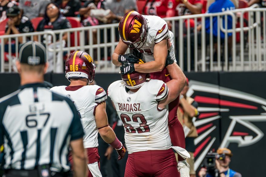 Washington Commanders Wide Receiver Luke McCaffrey (11) celebrates touchdown catch at Mercedes-Benz Stadium in Atlanta, Georgia. The Atlanta Falcons defeated the Washington Commanders 34-27 during NFL Week 3 on September 28, 2025. (Photo by Jordan Sabillo for Washington Times)