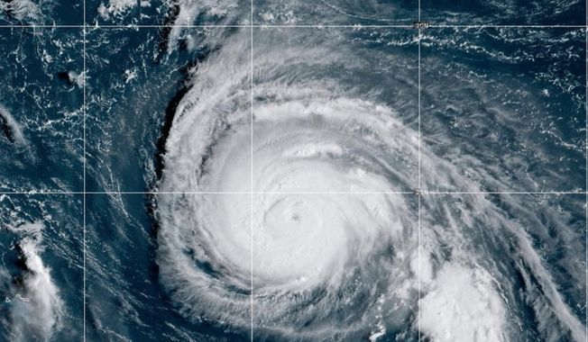 This satellite image provided by NOAA shows Hurricane Humberto on Sunday, Sept. 28, 2025. (NOAA via AP)