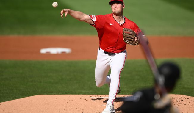 Washington Nationals starting pitcher Brad Lord throws during the second inning of a baseball game against the Chicago White Sox, Sunday, Sept. 28, 2025, in Washington. (AP Photo/Nick Wass)