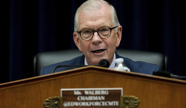 Rep. Tim Walberg, R-Mich., speaks during a House Education and Workforce hearing, Thursday, June 5, 2025, on Capitol Hill in Washington. (AP Photo/Julia Demaree Nikhinson)