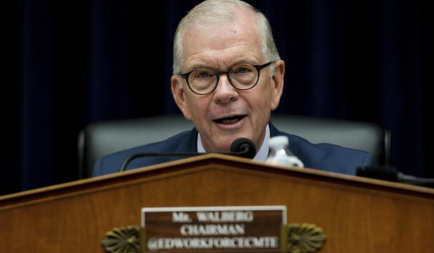 Rep. Tim Walberg, R-Mich., speaks during a House Education and Workforce hearing, Thursday, June 5, 2025, on Capitol Hill in Washington. (AP Photo/Julia Demaree Nikhinson)