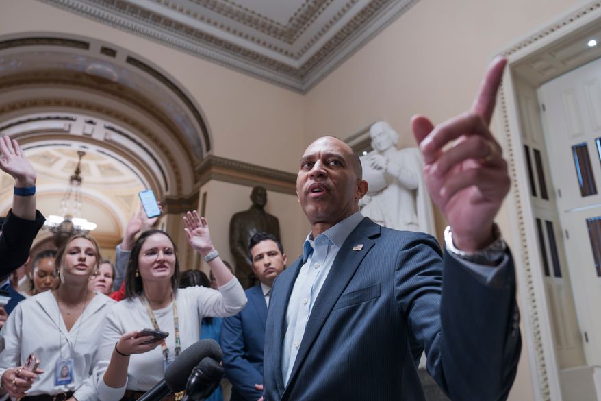 House Minority Leader Hakeem Jeffries, D-N.Y., speaks with reporters before he and the top congressional leaders go to the White House to meet with President Donald Trump on the looming government funding crisis, at the Capitol in Washington, Monday, Sept. 29, 2025. (AP Photo/J. Scott Applewhite)
