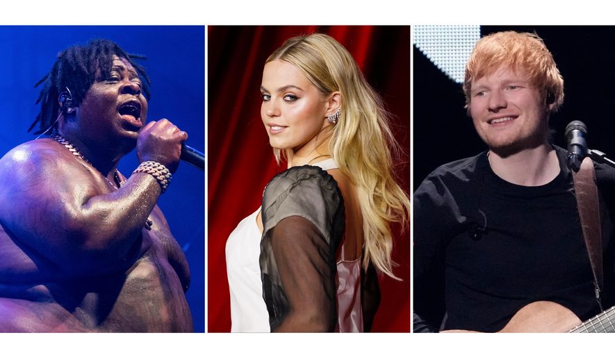 This combination of photos show, from left, BigXthaPlug, Reneé Rapp and Ed Sheeran. (AP Photo)