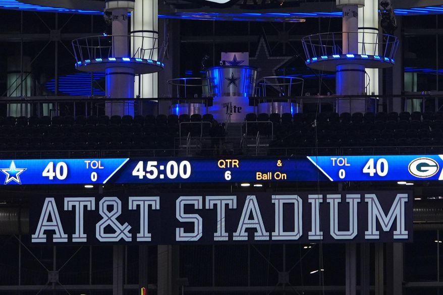 The final score of the Green Bay Packers and Dallas Cowboys overtime NFL football game that ended in a tie is shown on the scoreboard Sunday, Sept. 28, 2025, in Arlington, Texas. (AP Photo/Julio Cortez)
