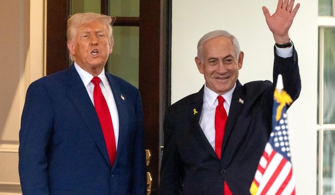 FILE - President Donald Trump, left, speaks as Israel's Prime Minister Benjamin Netanyahu waves upon leaving the West Wing of the White House, April 7, 2025, in Washington. (AP Photo/Mark Schiefelbein, File)