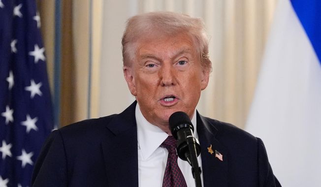 President Donald Trump speaks during a news conference with Israel's Prime Minister Benjamin Netanyahu in the State Dining Room of the White House, Monday, Sept. 29, 2025, in Washington. (AP Photo/Alex Brandon)