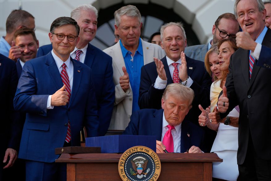FILE - President Donald Trump signs his signature bill of tax breaks and spending cuts at the White House, July 4, 2025, in Washington, surrounded by members of Congress. (AP Photo/Julia Demaree Nikhinson, File)