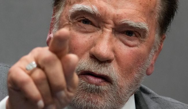 Former California Gov. Arnold Schwarzenegger attends a press conference at the Vatican, Tuesday, Sept. 30, 2025, to present the "Raising Hope for Climate Justice Conference," promoted by the Laudato Si' (Praise Be to You) Movement, which was inspired by the late Pope Francis' encyclical letter of the same name. (AP Photo/Gregorio Borgia)