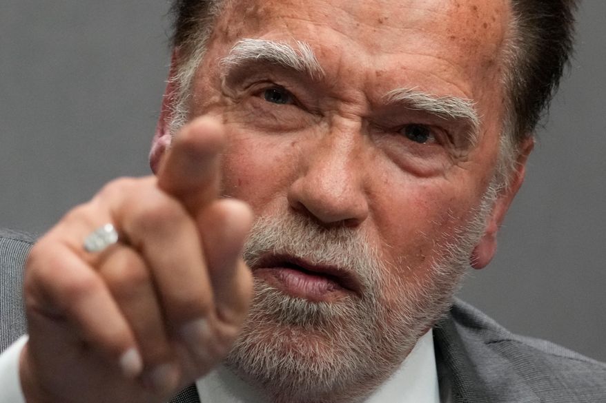 Former California Gov. Arnold Schwarzenegger attends a press conference at the Vatican, Tuesday, Sept. 30, 2025, to present the "Raising Hope for Climate Justice Conference," promoted by the Laudato Si' (Praise Be to You) Movement, which was inspired by the late Pope Francis' encyclical letter of the same name. (AP Photo/Gregorio Borgia)