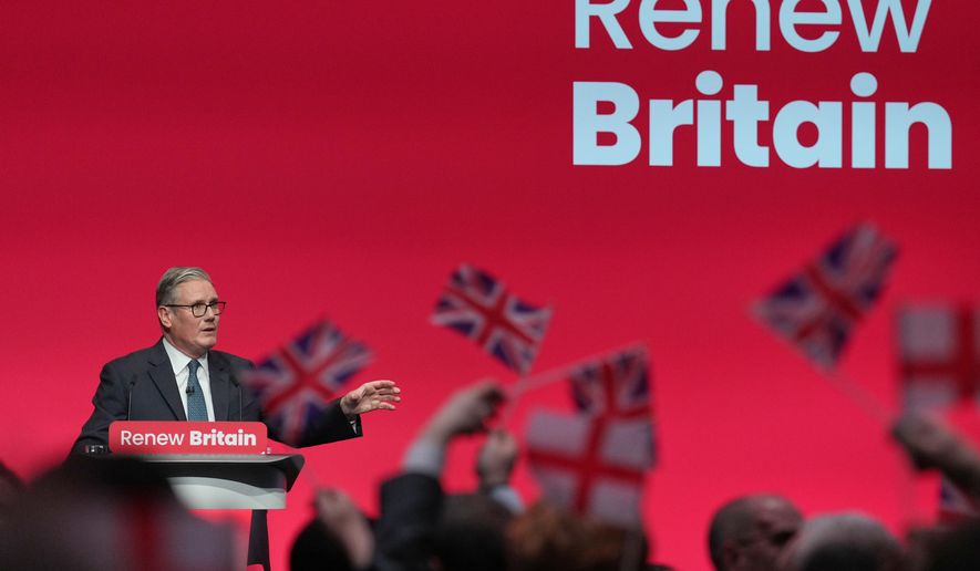 Britain's Prime Minister Keir Starmer gives his keynote speech at the annual Labour Party conference in Liverpool, England, Tuesday, Sept. 30, 2025. (AP Photo/Jon Super)