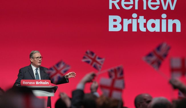 Britain's Prime Minister Keir Starmer gives his keynote speech at the annual Labour Party conference in Liverpool, England, Tuesday, Sept. 30, 2025. (AP Photo/Jon Super)