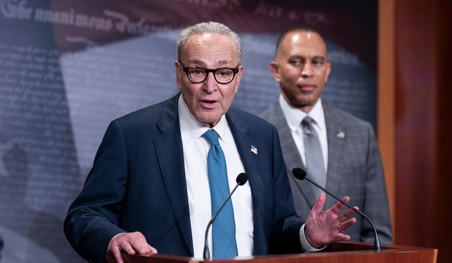 Senate Minority Leader Chuck Schumer, D-N.Y., and House Minority Leader Hakeem Jeffries, D-N.Y., right, update reporters following their face-to-face meeting with President Donald Trump and Republican leaders on the looming government funding crisis, at the Capitol in Washington, Monday, Sept. 29, 2025. (AP Photo/J. Scott Applewhite)