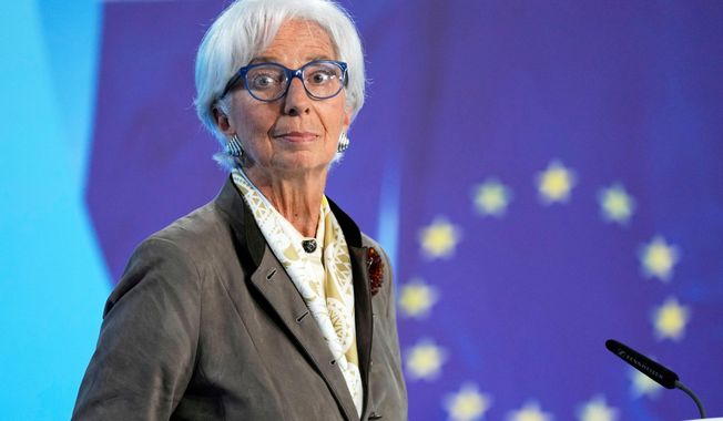 FILE - President of the European Central Bank Christine Lagarde briefs the media during a press conference at the bank's headquarters in Frankfurt, Germany, Thursday, Sept. 11, 2025. (AP Photo/Michael Probst, File)