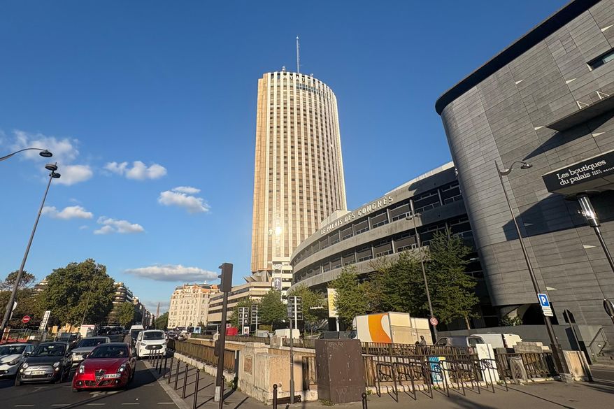 View of the Hyatt hotel, center, Tuesday, Sept. 30, 2025 in Paris after the South African ambassador to France, Emmanuel Nkosinathi Mthethwa, known as Nathi Mthethwa, was found dead. (AP Photo/Oleg Cetinic)
