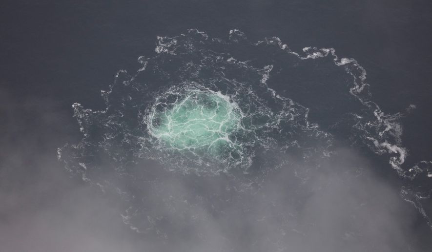 FILE - In this picture provided by Swedish Coast Guard, a leak from Nord Stream 2 is seen, on Sept. 28, 2022. (Swedish Coast Guard via AP, File)