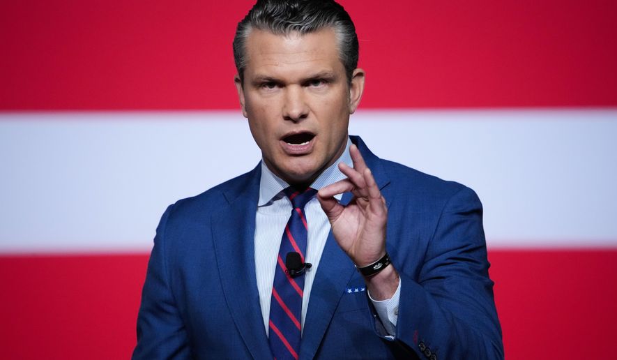Secretary of Defense Pete Hegseth speaks to senior military leaders at Marine Corps Base Quantico, Tuesday, Sept. 30, 2025 in Quantico, Va. (Andrew Harnik/Pool via AP)