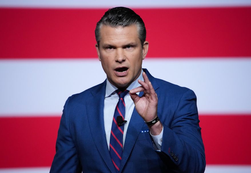 Secretary of Defense Pete Hegseth speaks to senior military leaders at Marine Corps Base Quantico, Tuesday, Sept. 30, 2025 in Quantico, Va. (Andrew Harnik/Pool via AP)