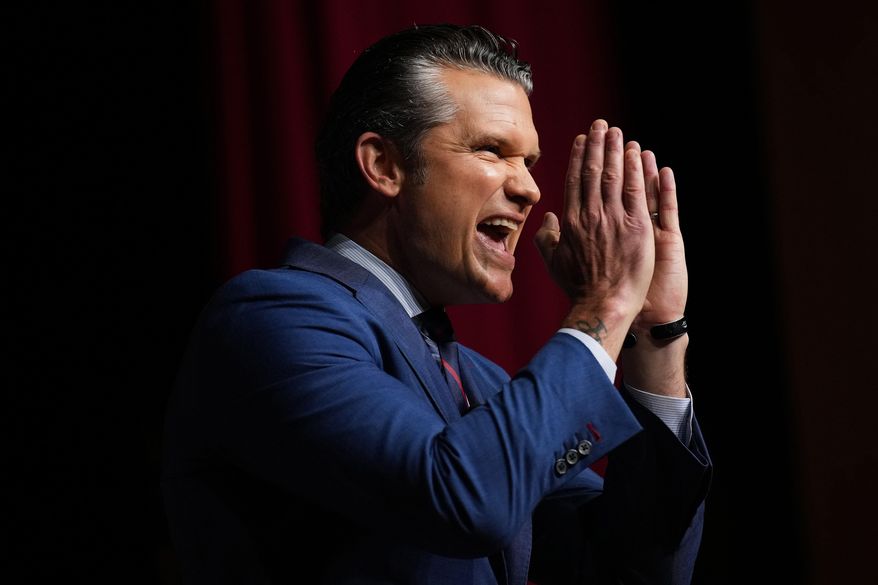 Secretary of Defense Pete Hegseth speaks to senior military leaders at Marine Corps Base Quantico, Tuesday, Sept. 30, 2025 in Quantico, Va. (Andrew Harnik/Pool via AP)