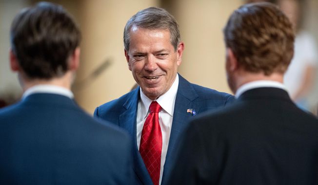 Nebraska Gov. Jim Pillen greets state senators before giving a speech on June 2, 2025, in Lincoln, Neb. (Justin Wan/Lincoln Journal Star via AP, File)