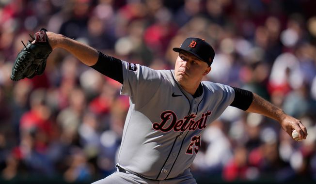 Detroit Tigers starting pitcher Tarik Skubal throws during the second inning of Game 1 of the American League Wild Card baseball playoff against the Cleveland Guardians series in Cleveland, Tuesday, Sept. 30, 2025. (AP Photo/Sue Ogrocki)