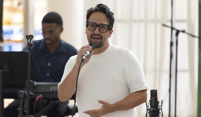 Lin-Manuel Miranda speaks to attendees during the closing event of the Flamboyan Arts Fund at the Museum of Contemporary Art in San Juan, Puerto Rico, Saturday, Sept. 13, 2025. (AP Photo/Alejandro Granadillo)