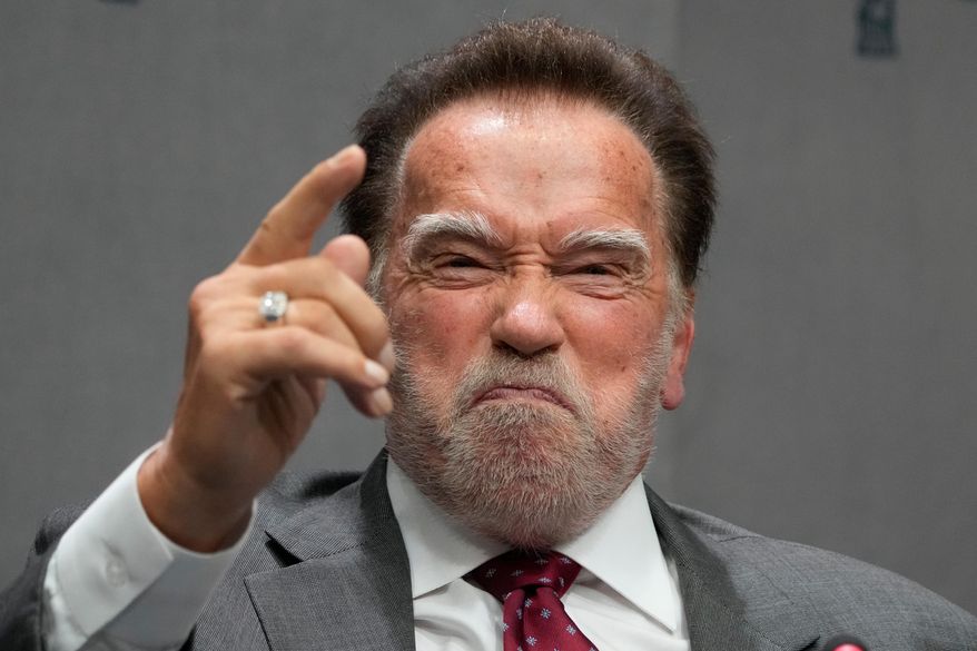 Former California Gov. Arnold Schwarzenegger attends a press conference at the Vatican, Tuesday, Sept. 30, 2025, to present the "Raising Hope for Climate Justice Conference," promoted by the Laudato Si' (Praise Be to You) Movement, which was inspired by the late Pope Francis' encyclical letter of the same name. (AP Photo/Gregorio Borgia)