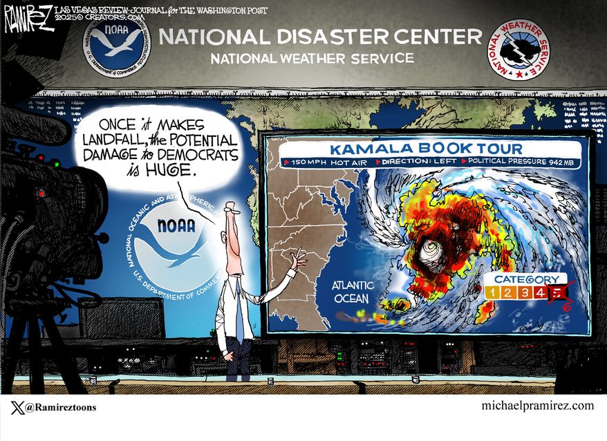 Kamala Book Tour (Illustration by Michael Ramirez for Creators Syndicate)