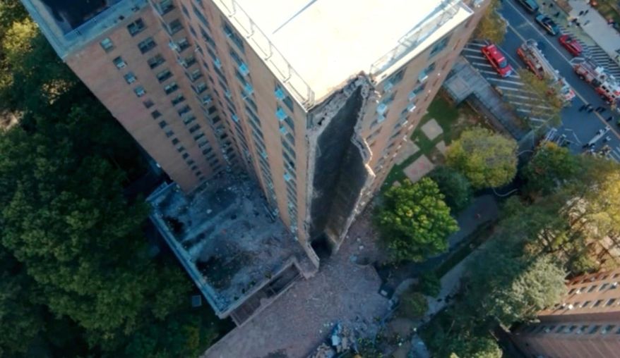 This image provided by the Fire Department of New York, FDNY shows part of a high-rise apartment building that collapsed, leaving a corner of the building in a pile of rubble, in New York, Wednesday, Oct. 1, 2025. (FDNY via AP)
